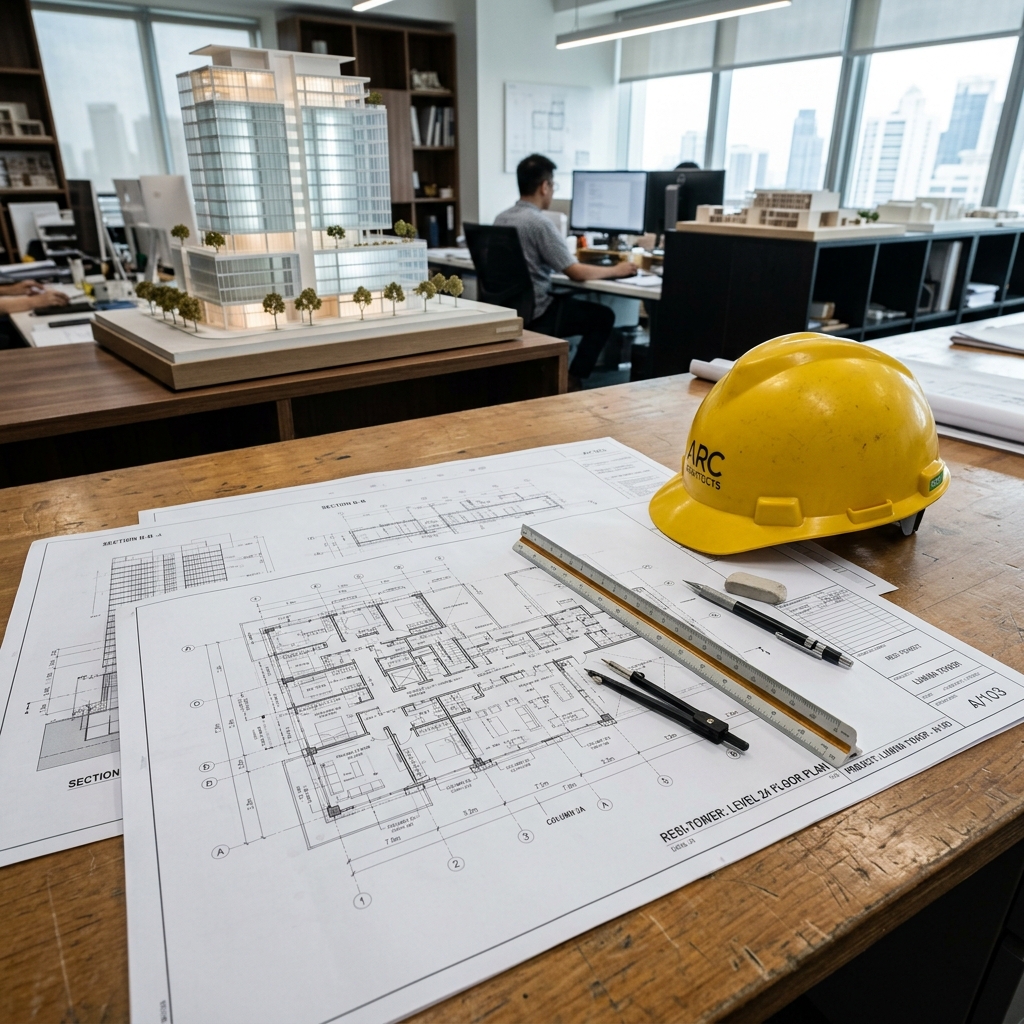 Structural blueprints safety helmet and scaled building models on office desk